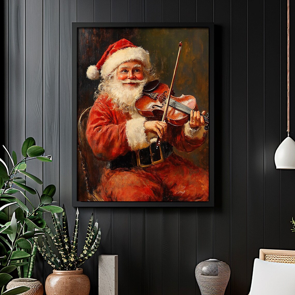 Cheerful Santa Playing Violin Vintage Christmas Music Scene Print - Image 6