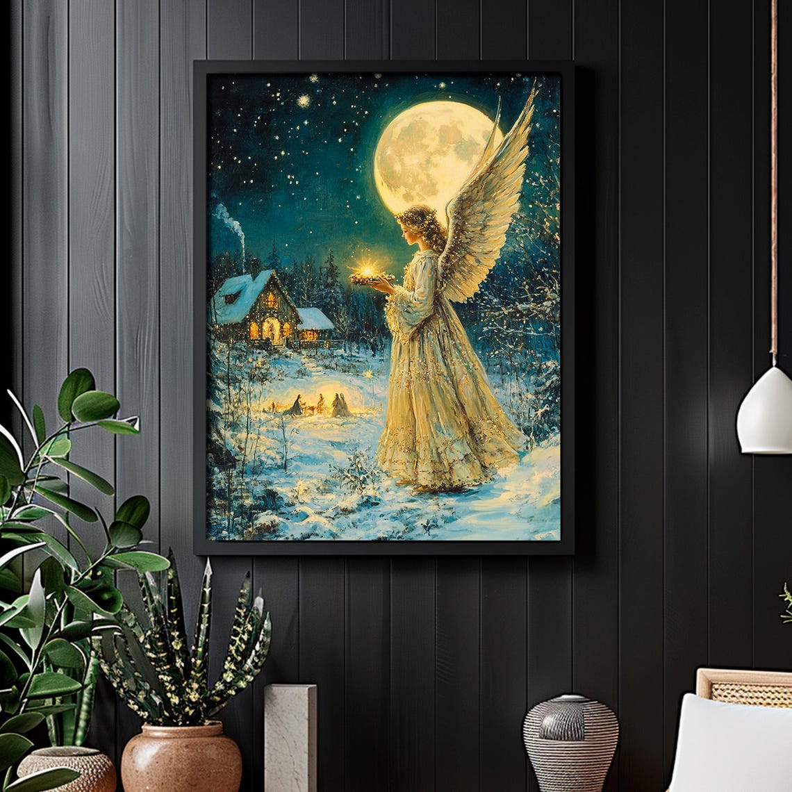 Christmas Angel with Lantern Full Moon Snowy Night Painting Poster - Image 5