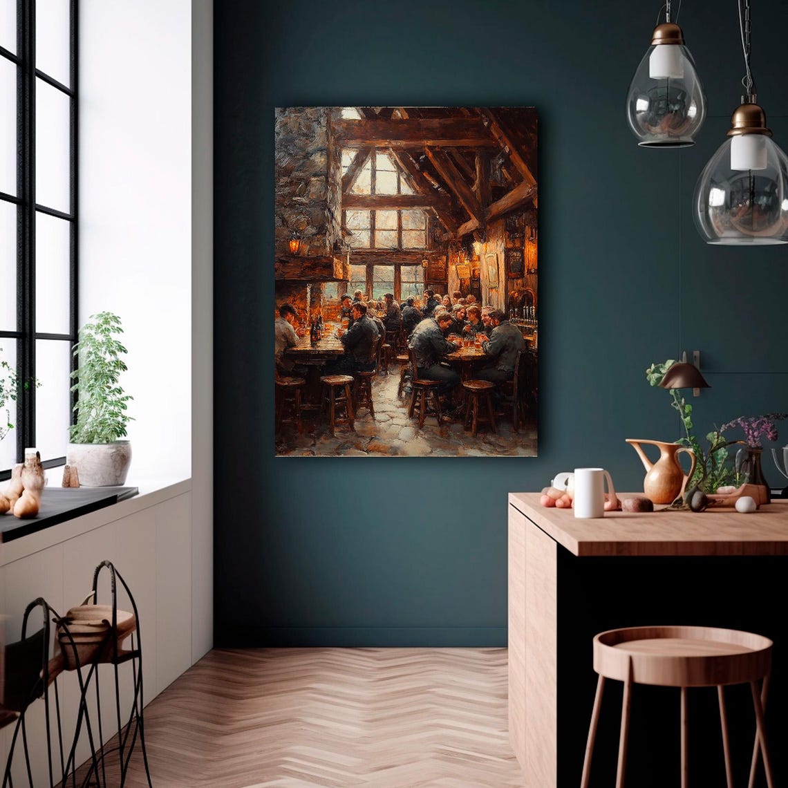 Rustic Tavern Interior With Patrons by Stone Fireplace Wall Art - Image 5