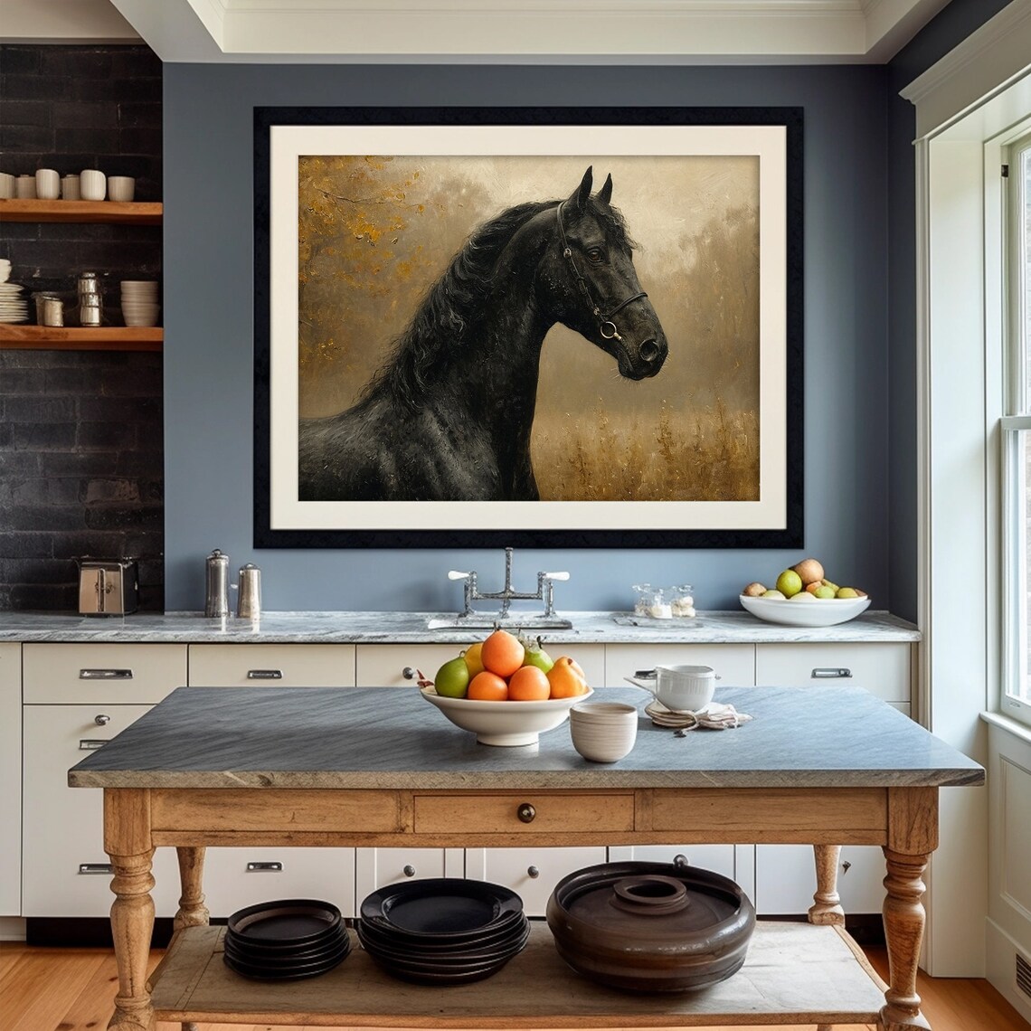 Black Horse Portrait Golden Autumn Moody Equestrian Painting Poster - Image 2