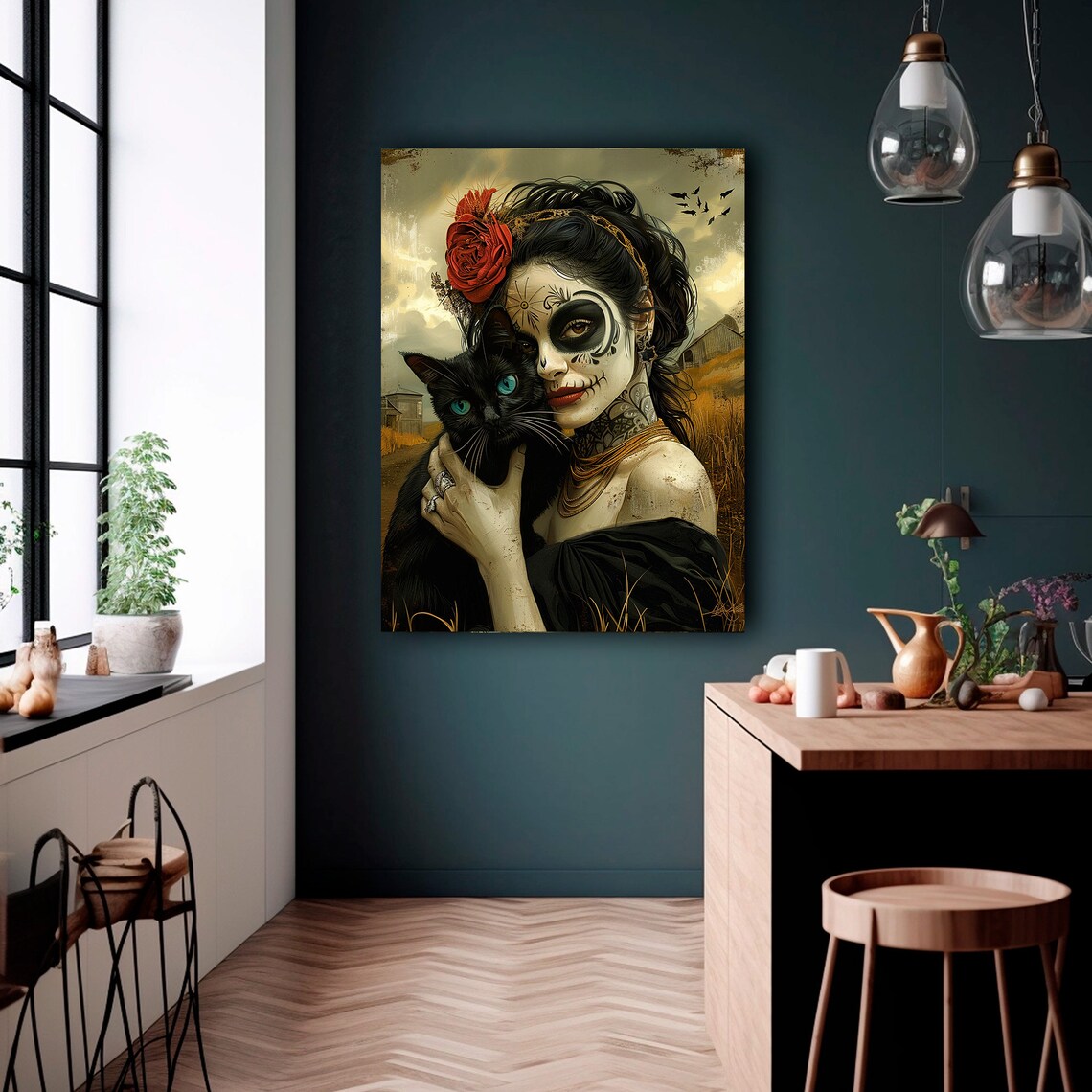 La Catrina Sugar Skull Woman Black Cat Red Rose Day of Dead Poster - Image 4