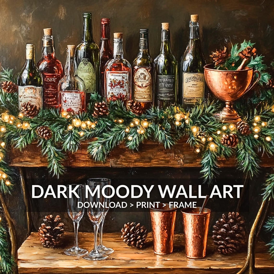 Festive Christmas Bar Cart With Wine Bottles and Copper Mugs Wall Art - Image 2