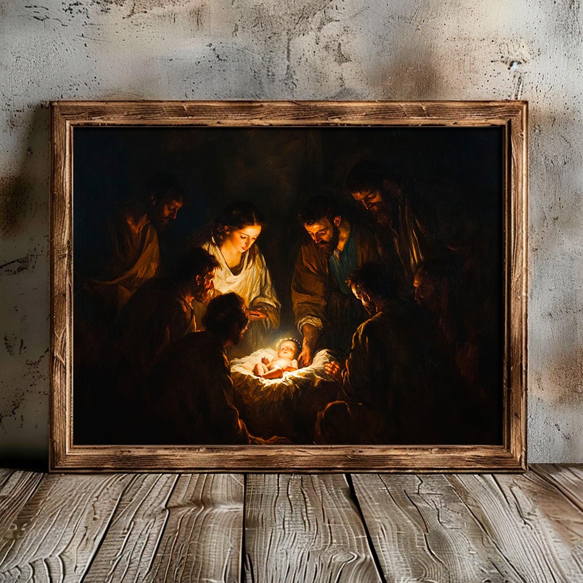 Baroque Nativity Shepherds Adoring Christ Child Dark Painting Poster - Image 5