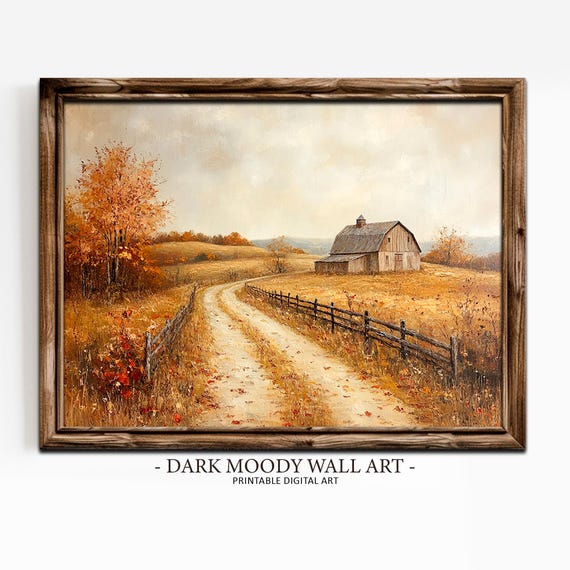 Autumn Barn Wall Art Fall Farm Landscape Painting Country Wall Decor Moody Cottagecore Print Farmhouse Wall Decor