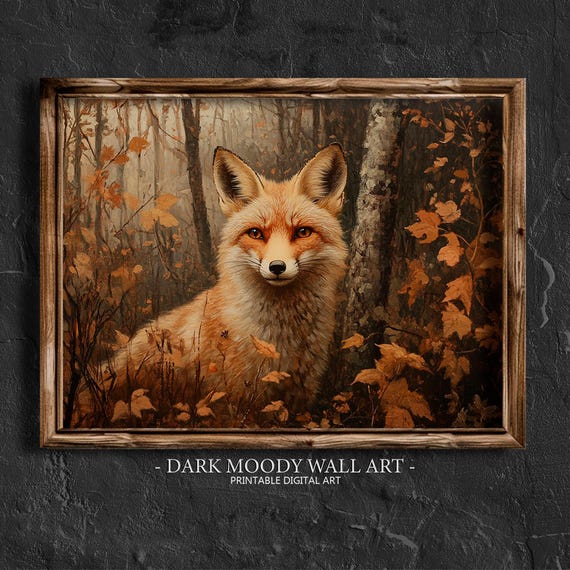 Fall Prints Fox In The Autumn Forest Art Rustic Landscape Painting Moody Fall Wall Art Autumn Cottagecore Decor Animal Print
