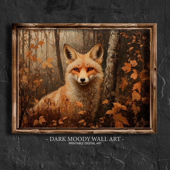 Red Fox Face Autumn Foliage Woodland Wildlife Painting Wall Art