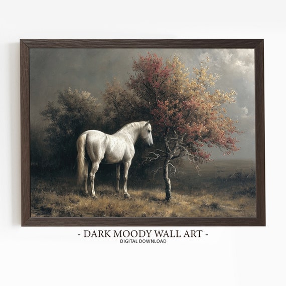 White Horse Painting Moody Landscape Prints Dark Forest Cottagecore Art Rustic Wall Decor