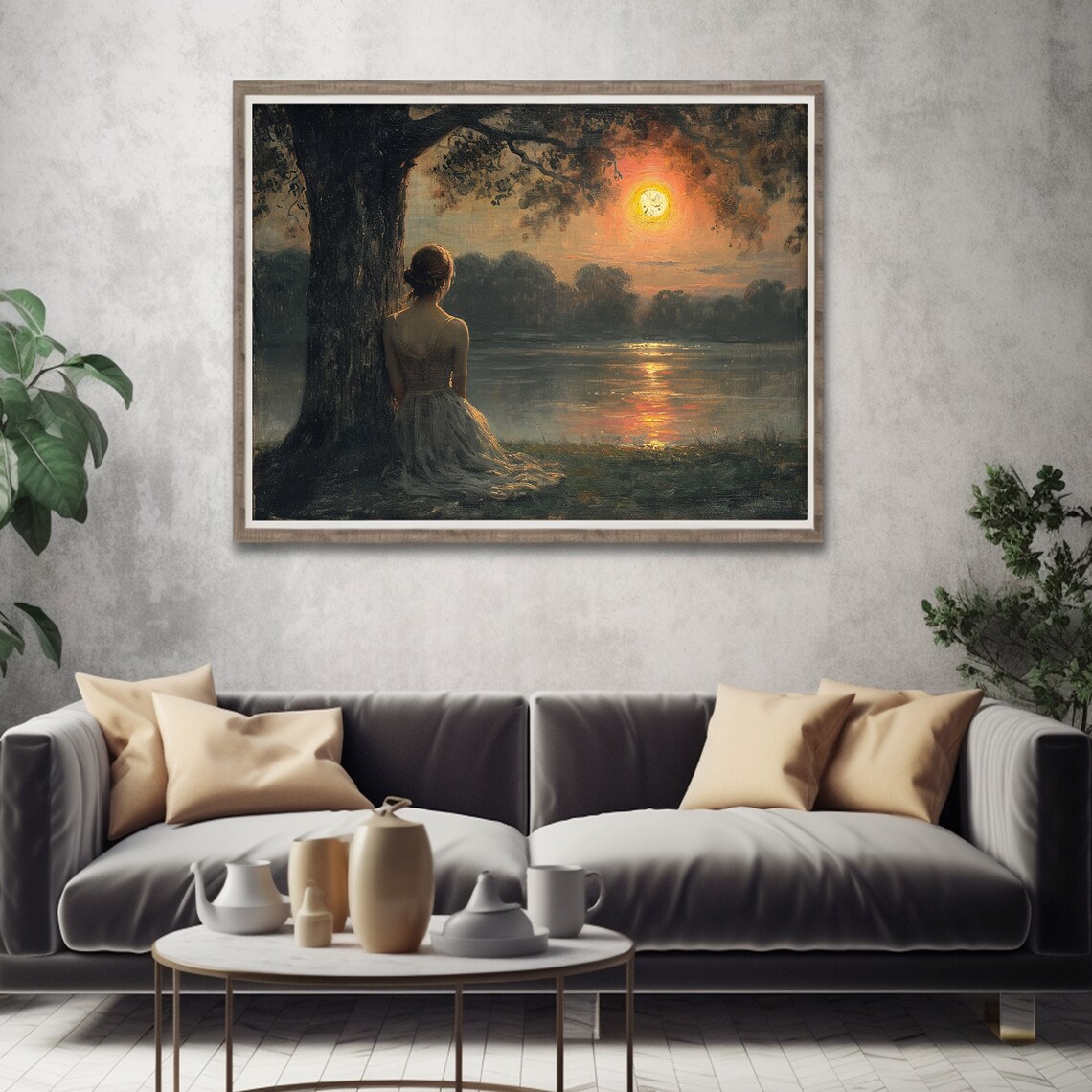 Woman By Lake Sunset Antique Painting Moody Romantic Scene Poster - Image 4