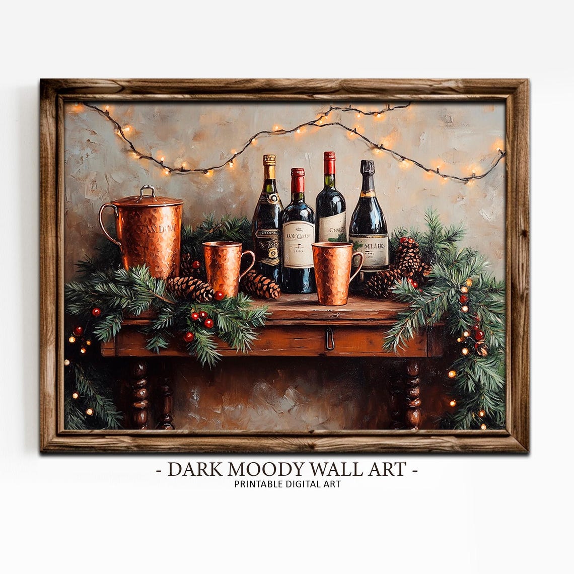 Cozy Copper Mugs and Wine Bottles on Christmas Bar Cart Wall Art