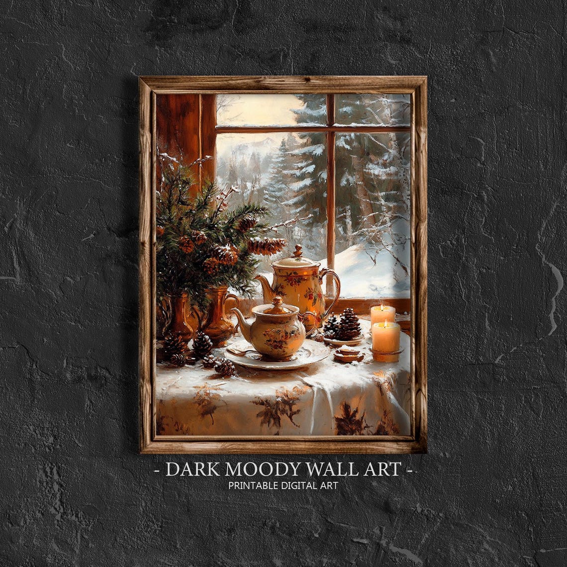 Cozy Winter Tea Set Window Sill Pinecones Candles Still Life Poster