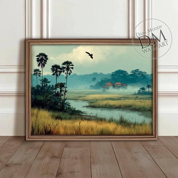 Misty Tropical Marsh Palm Trees Calm Golden Grass Wetland Wall Art