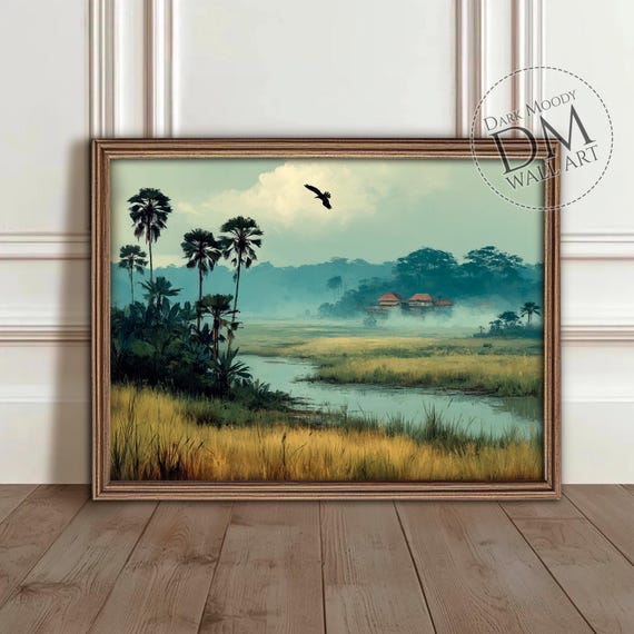 Tropical Jungle Wall Art Misty Palm Landscape Moody Nature Decor