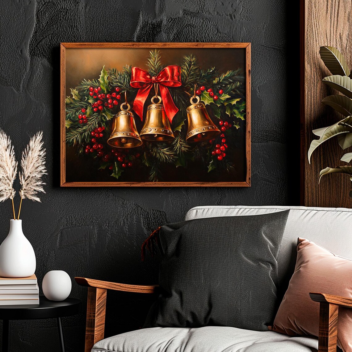 Golden Christmas Bells Red Bow Holly Berries Holiday Wall Art - Image 4