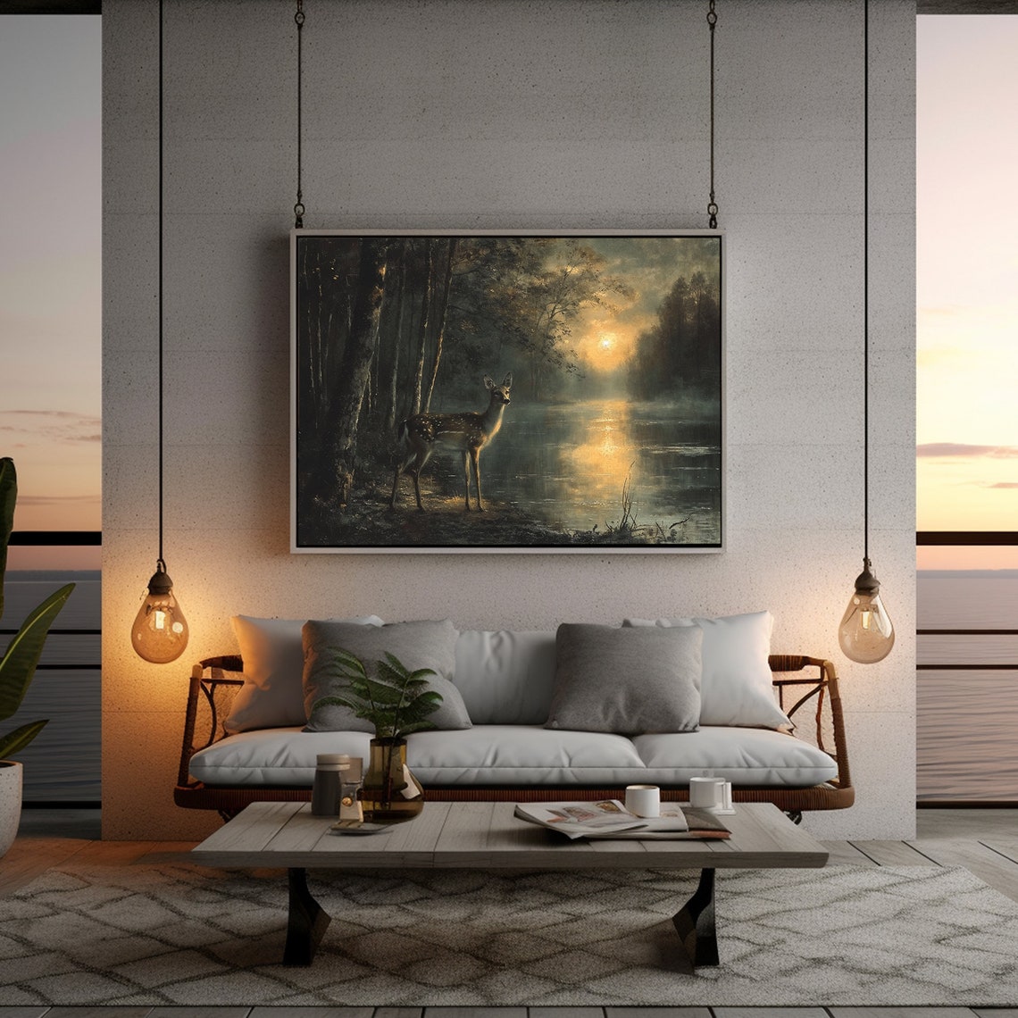Deer By The Lake Sunset Reflection Dark Moody Forest Painting Poster - Image 3