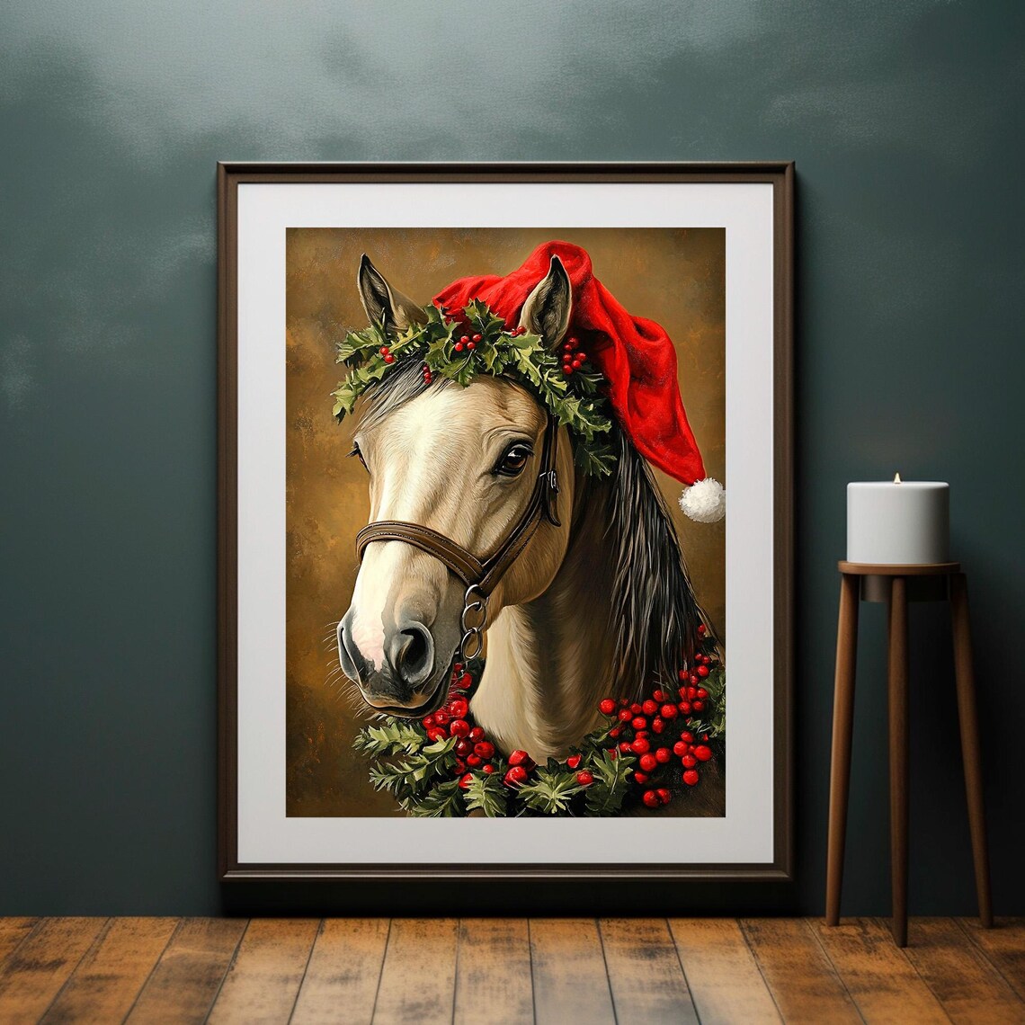 White Horse Wearing Santa Hat Holly Wreath Christmas Equestrian Poster - Image 4
