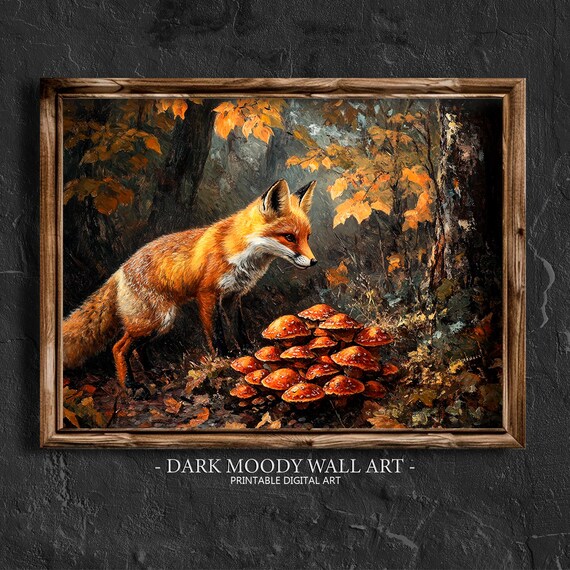 Red Fox And Mushrooms Autumn Forest Wildlife Painting Wall Art