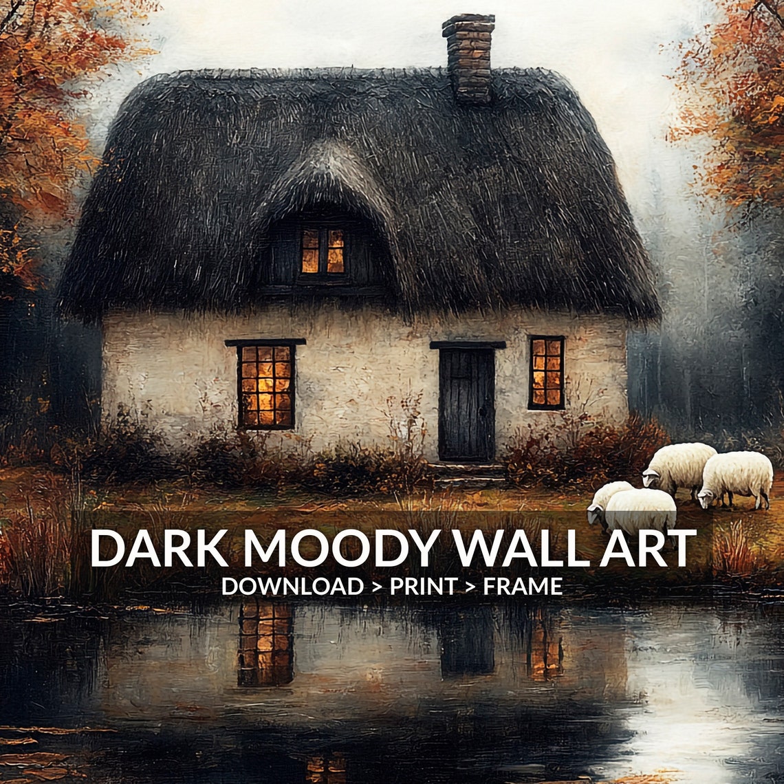 Thatched Cottage Pond Reflection Sheep Autumn Countryside Art Poster - Image 6