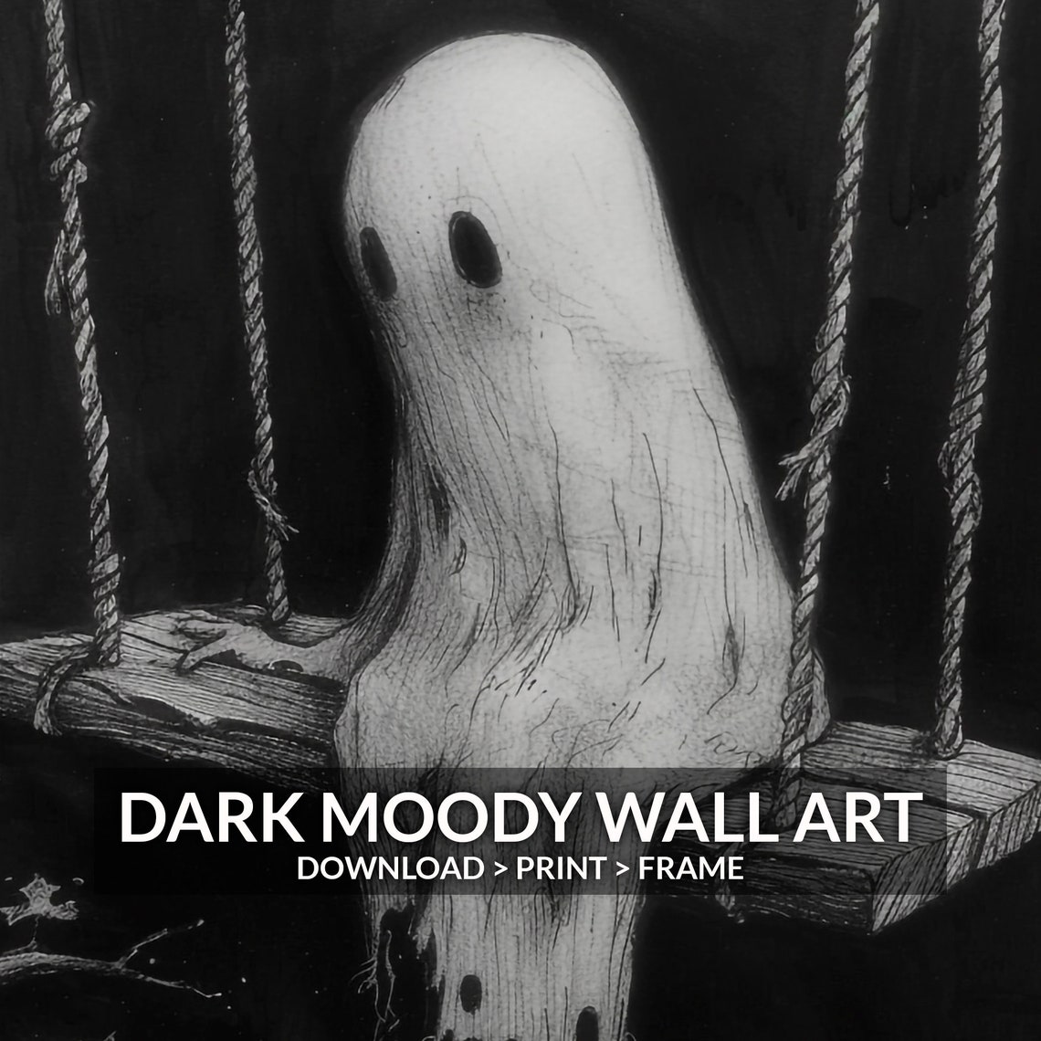 Lonely Ghost On Rope Swing Dark Monochrome Halloween Art Print - Image 6