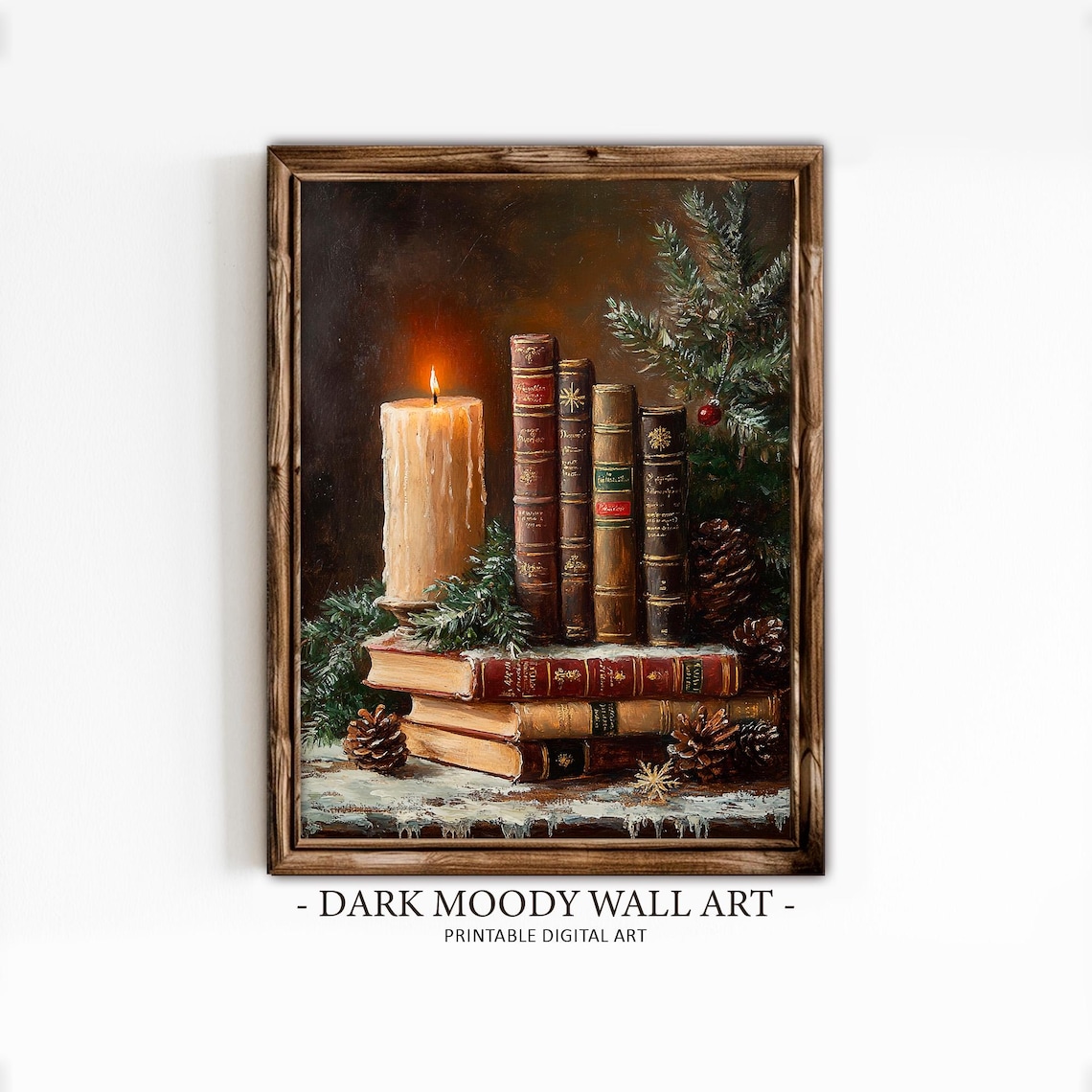 Christmas Book Stack With Candle, Vintage Art Print - Image 2