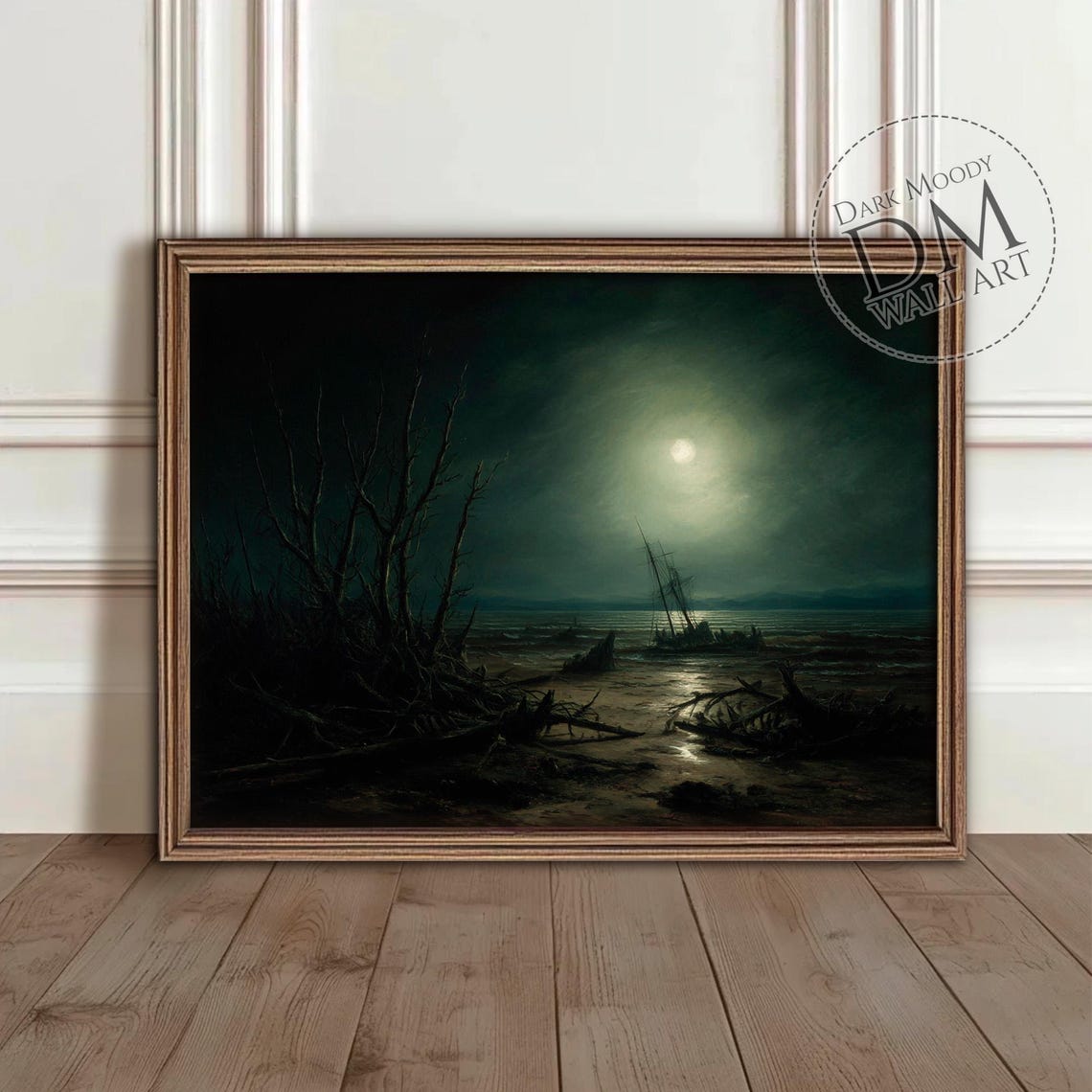 Haunted Shipwreck Moonlit Beach Dead Trees Gothic Seascape Poster