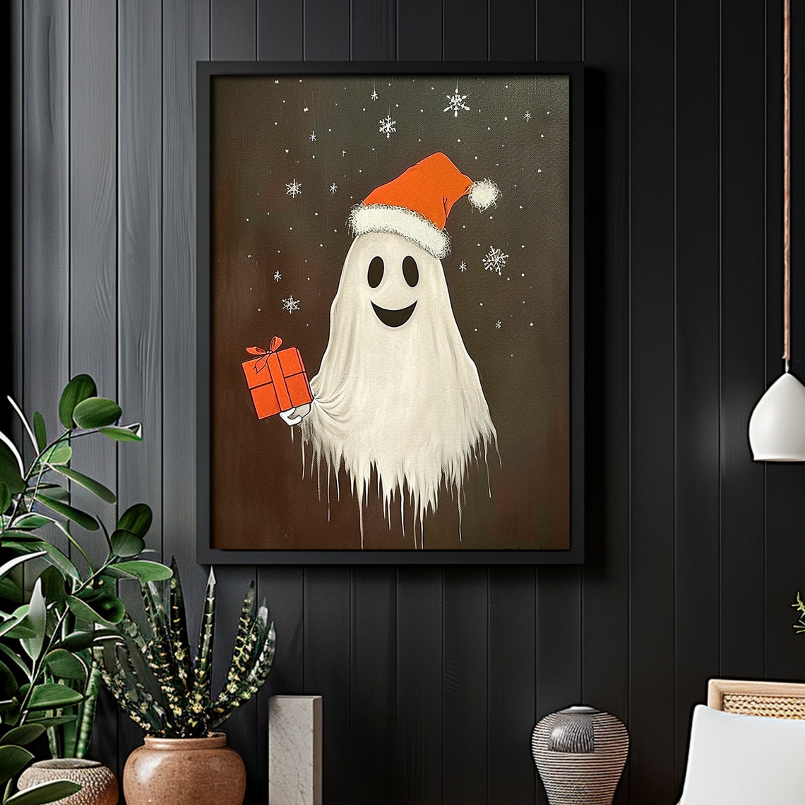 Christmas Ghost Santa Hat Gift Cute Holiday Painting Snowflakes Poster - Image 4