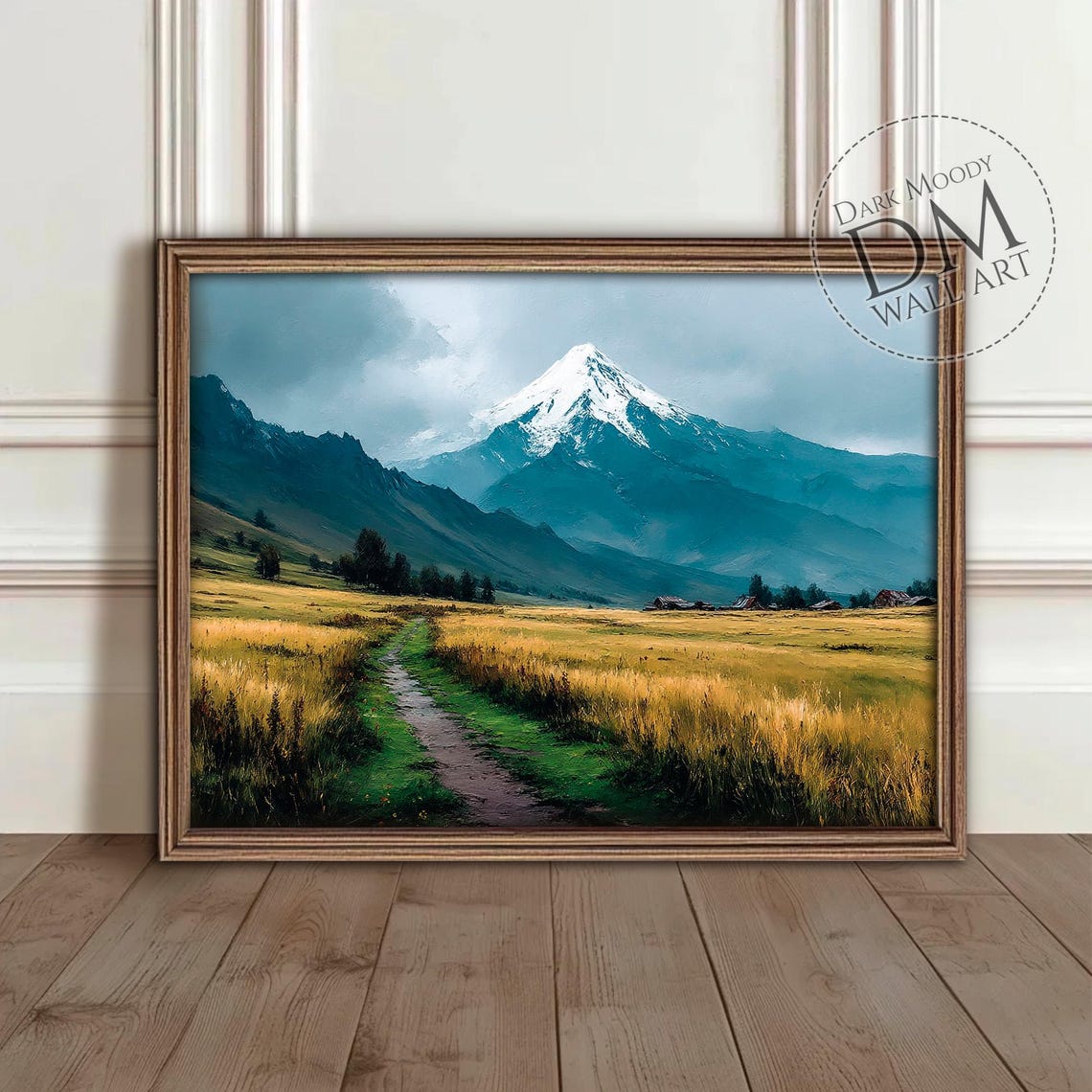 Snow Capped Mountain Peak Golden Meadow Path Moody Landscape Poster