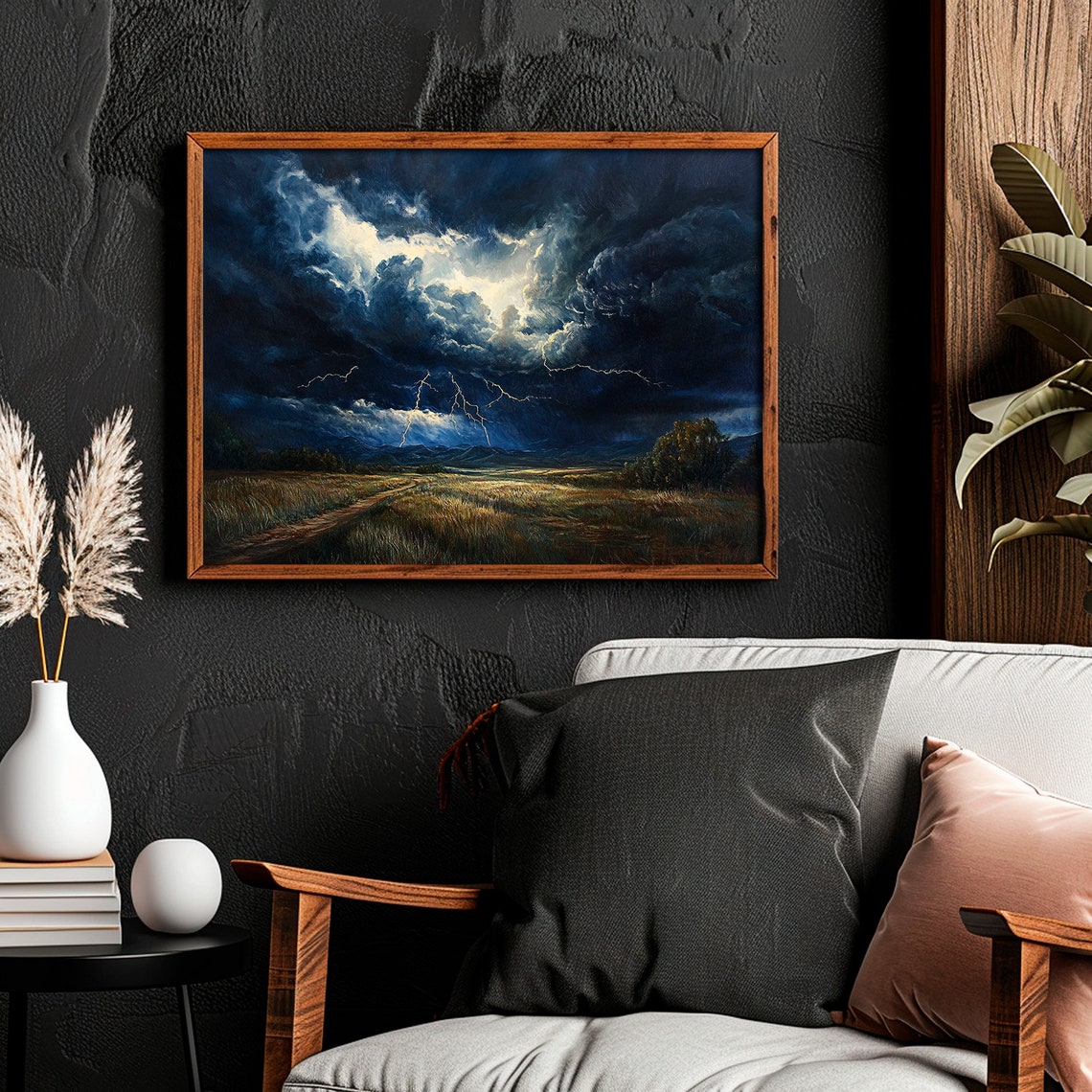 Thunderstorm Lightning Over Golden Field Dark Painting Poster - Image 2