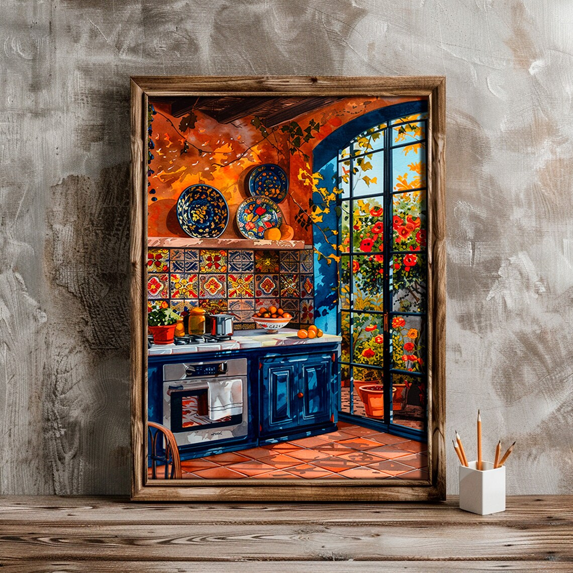 Mexican Kitchen Blue Cabinets Talavera Plates Garden Window Art Poster - Image 4