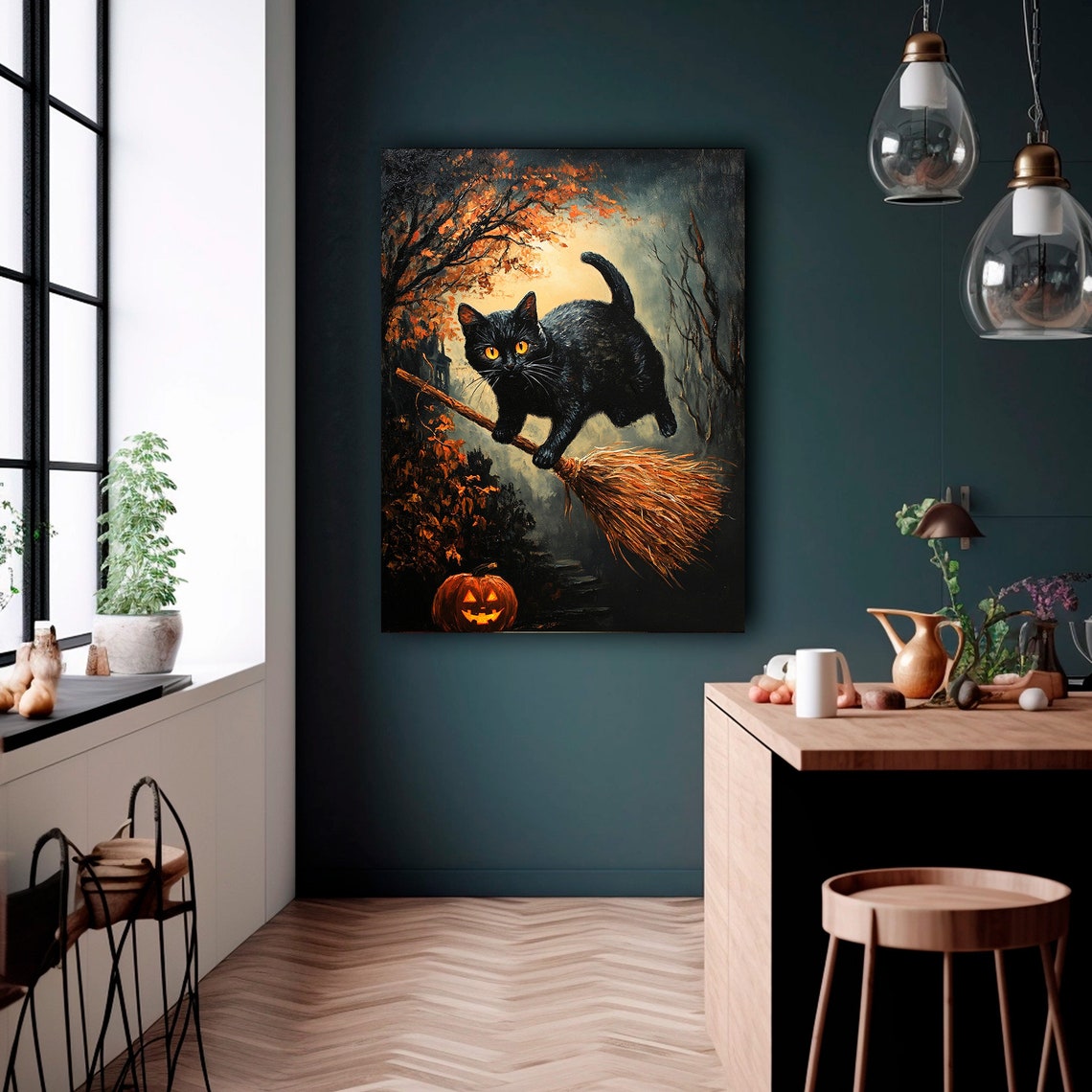 Black Cat Riding Broomstick Halloween Moonlit Night Flight Poster - Image 3