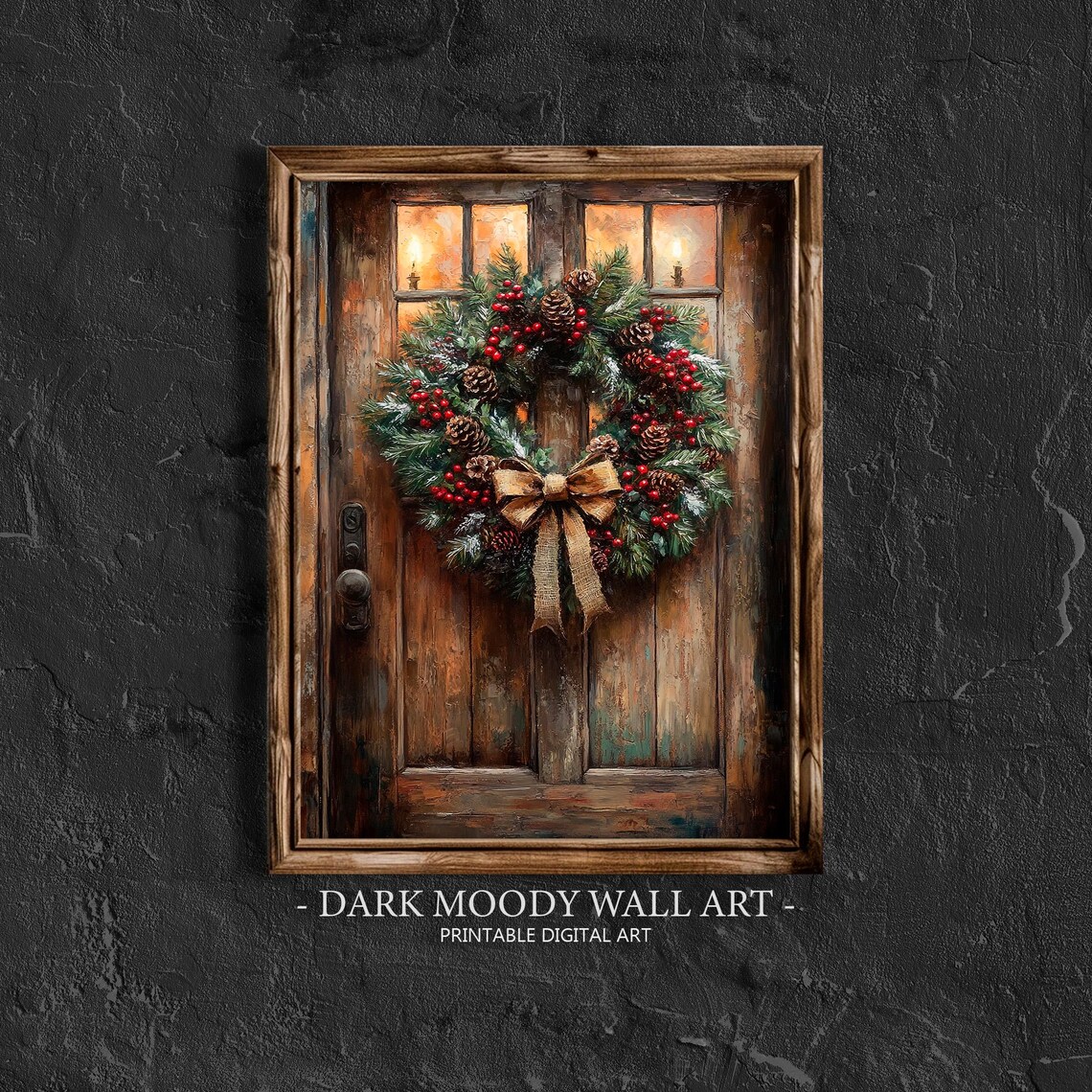 Christmas Wreath on Rustic Wooden Door Candlelit Holiday Wall Art