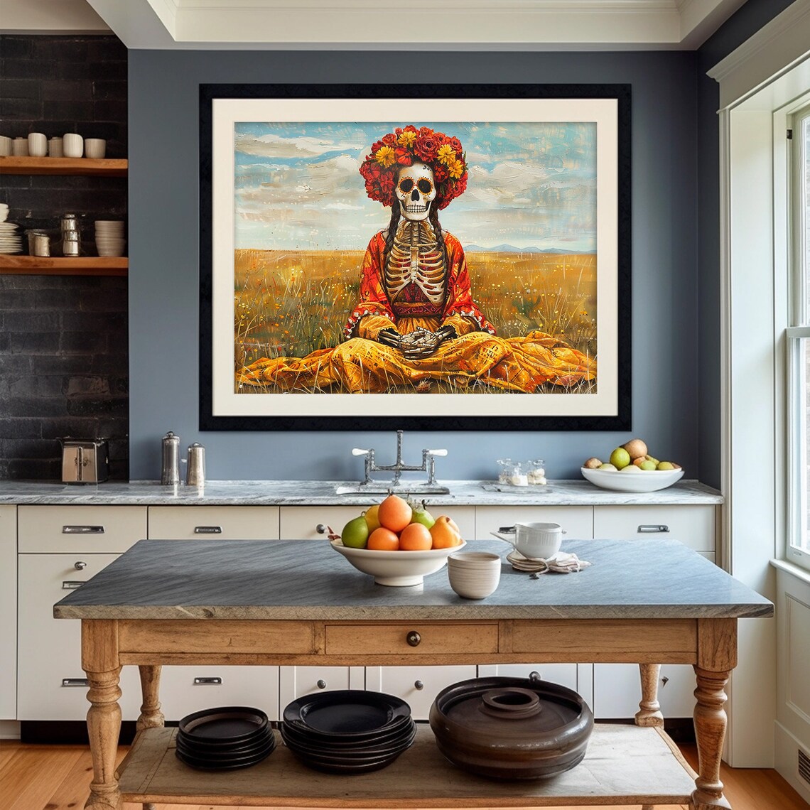 Catrina Skeleton Flower Crown Golden Field Day of Dead Poster - Image 4