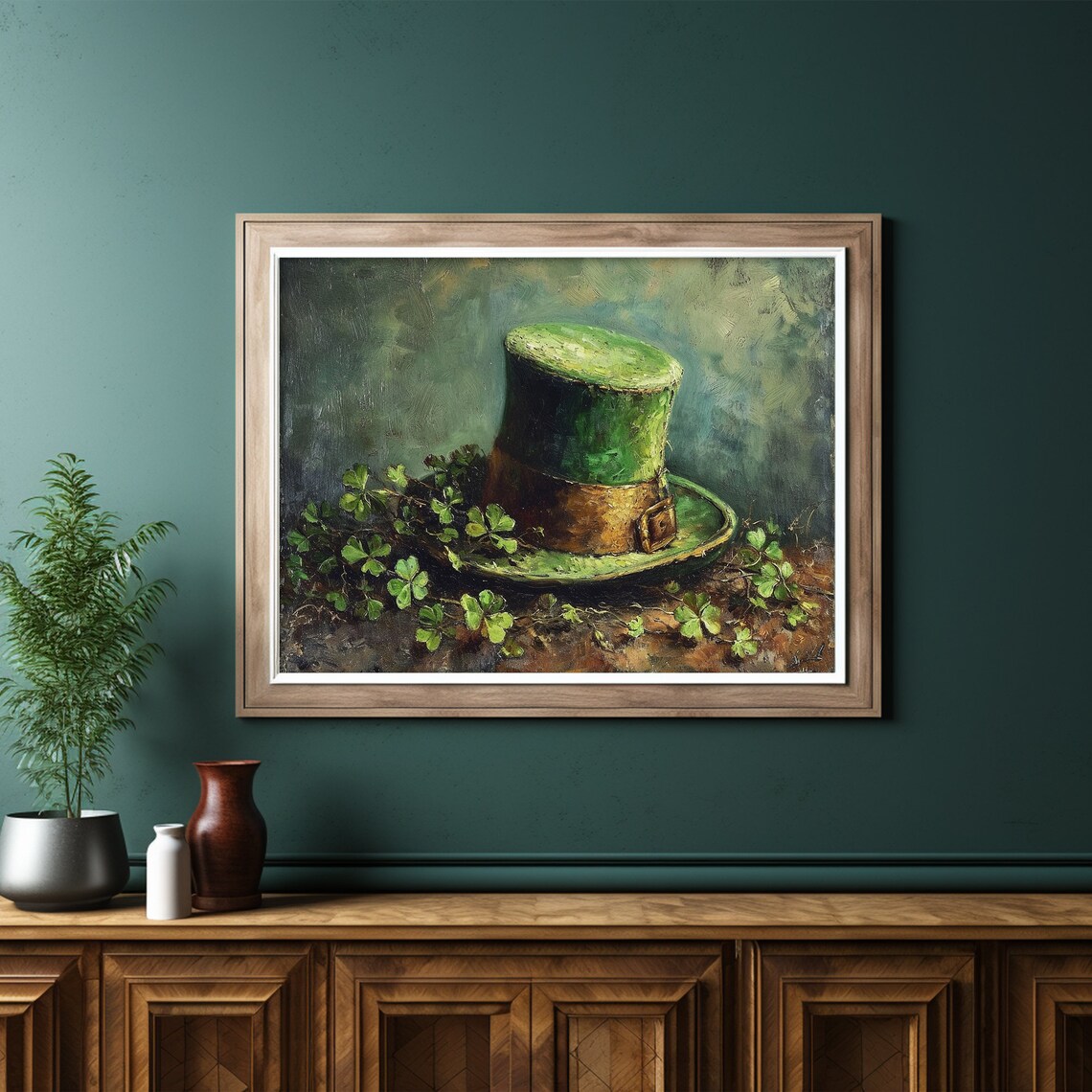 Green Top Hat Shamrocks St Patricks Day Vintage Style Wall Art - Image 2