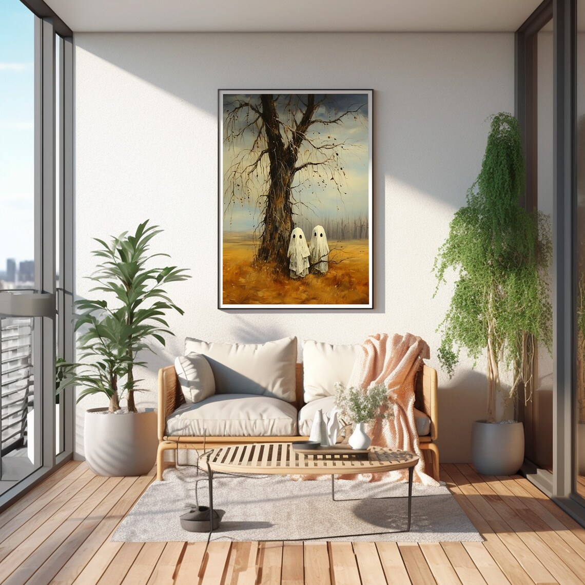 Two Cute Ghosts Under Bare Tree in Golden Autumn Field Halloween Painting Poster - Image 4