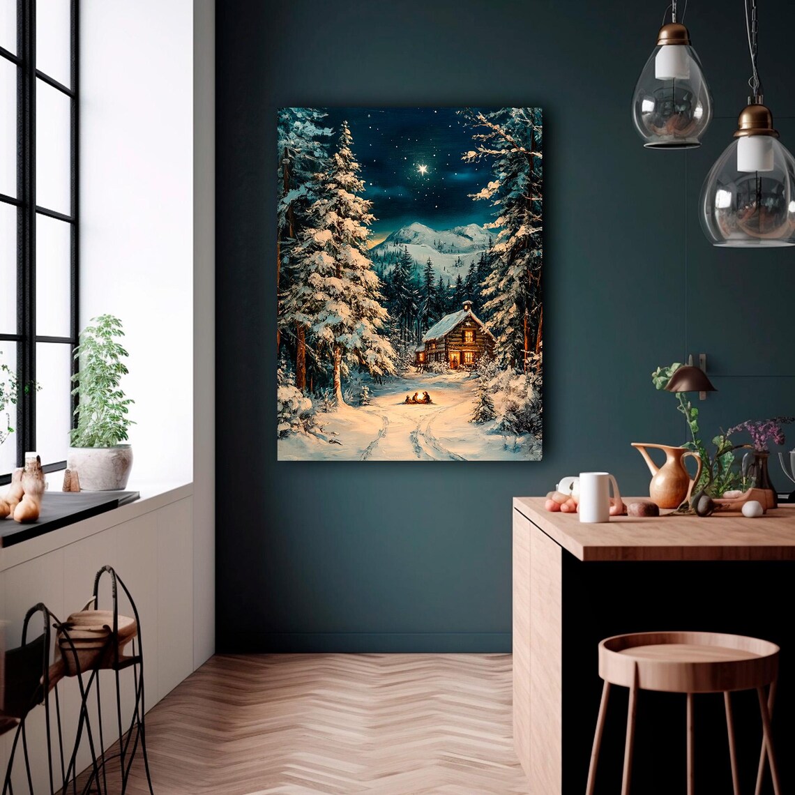 Starlit Log Cabin in Snowy Pine Forest Christmas Night Wall Art - Image 4