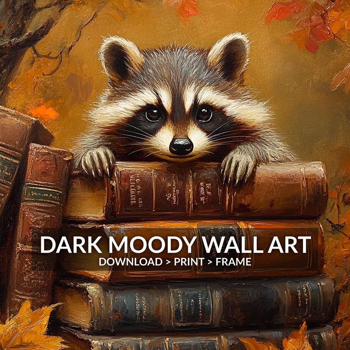 Vintage Raccoon On Stacked Antique Books Fall Autumn Leaves Wall Art - Image 6