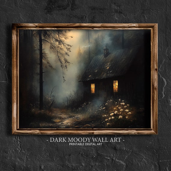 Moody Cottage Print Moody Landscape Painting Dark Moody Wall Art Forest Wall Art Dark Cottagecore Print Rustic Farmhouse Art