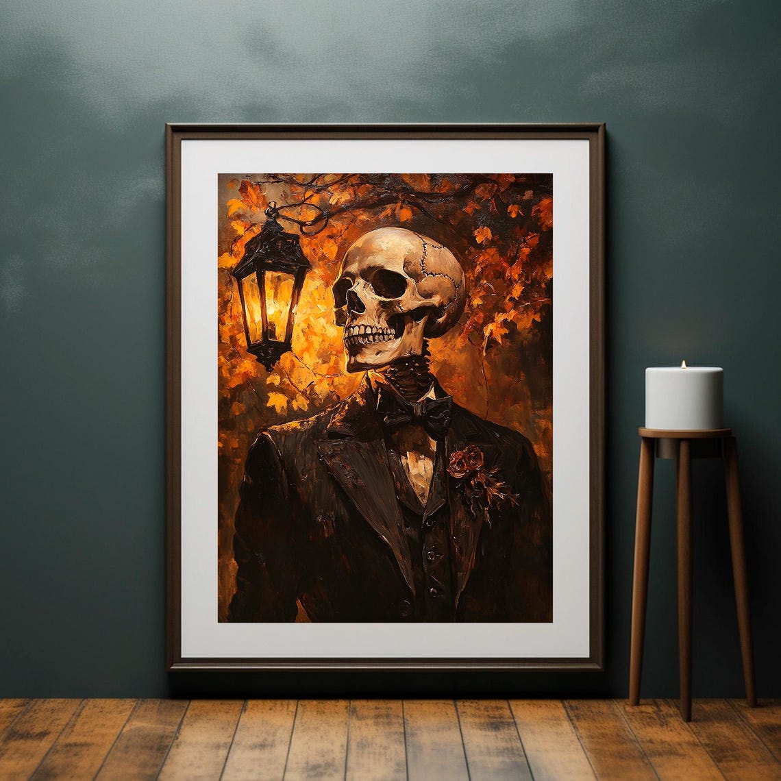 Dapper Skeleton Suit Portrait Autumn Lantern Halloween Wall Art - Image 4