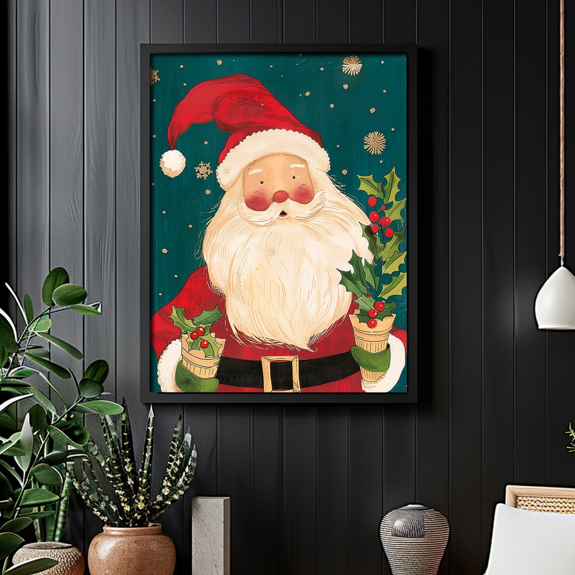 Cute Santa Holly Folk Art Christmas Painting Teal Background Poster - Image 4
