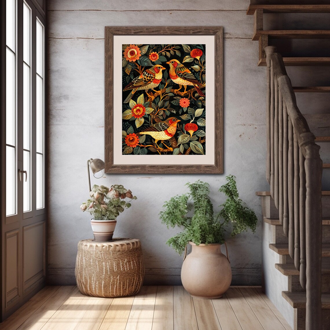 Colorful Folk Art Birds with Flowers Russian Khokhloma Style Poster - Image 2