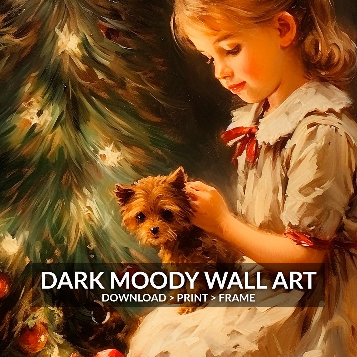 Victorian Girl With Puppy Christmas Tree Warm Painting Poster - Image 2