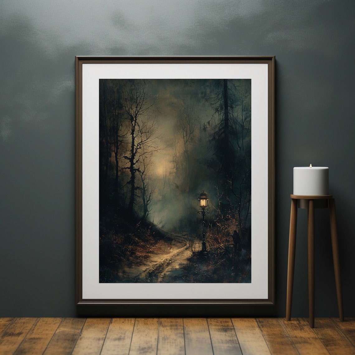 Foggy Forest Night Lantern Post Dark Moody Woods Painting Poster - Image 6