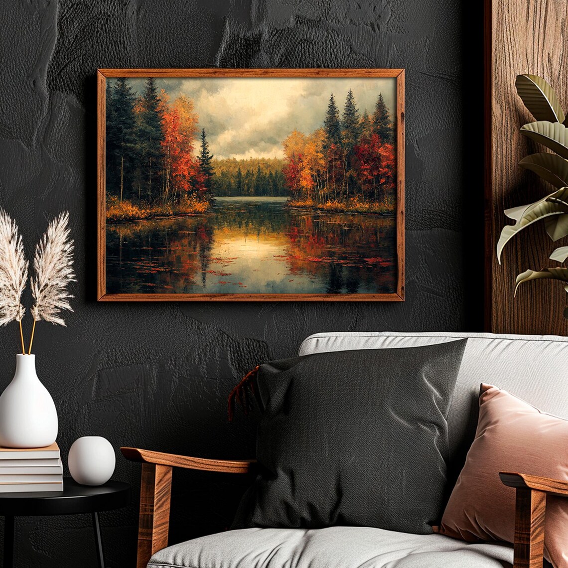 Serene Autumn Lake Mirrored Forest Reflections Vintage Landscape Painting Poster - Image 4