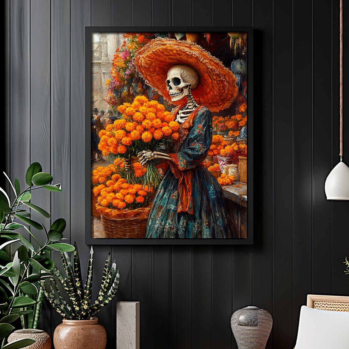 Day of the Dead Catrina Marigold Bouquet Flower Market Sugar Skull Portrait Poster - Image 2