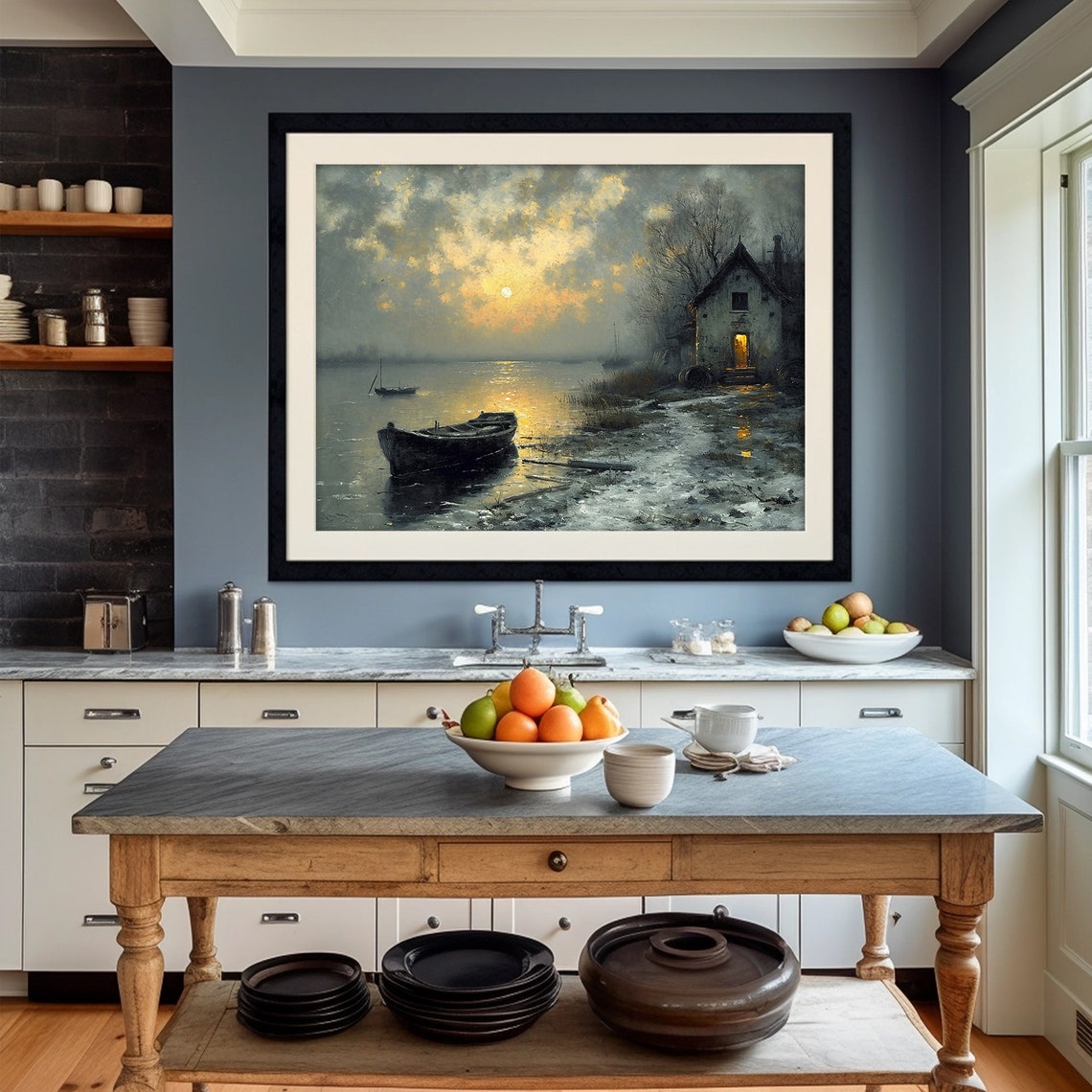 Moody Lakeside Cabin Rowboat Sunset Reflection Dark Rustic Poster - Image 2