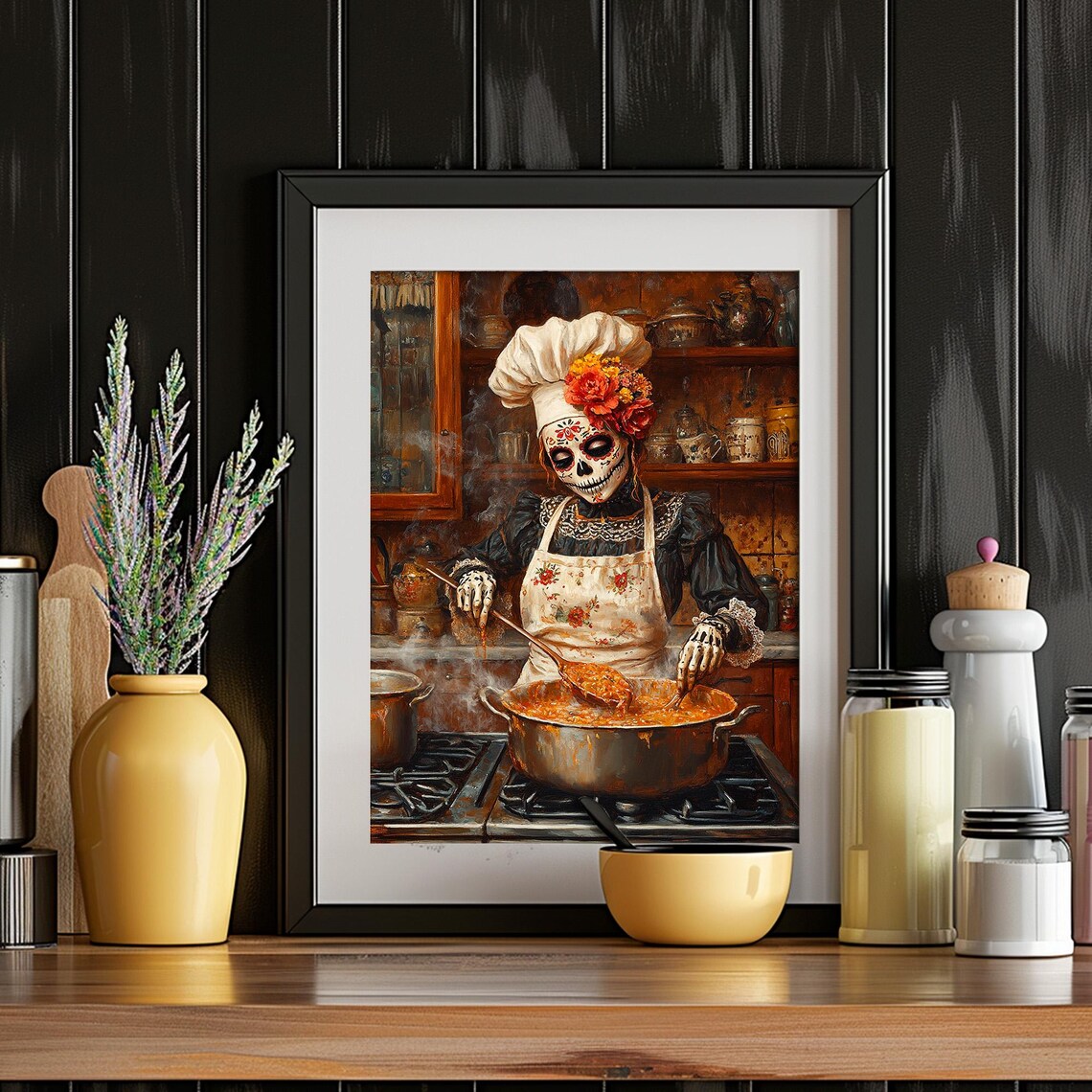 Day of the Dead Catrina Chef Moody Kitchen Cooking Scene Poster - Image 2