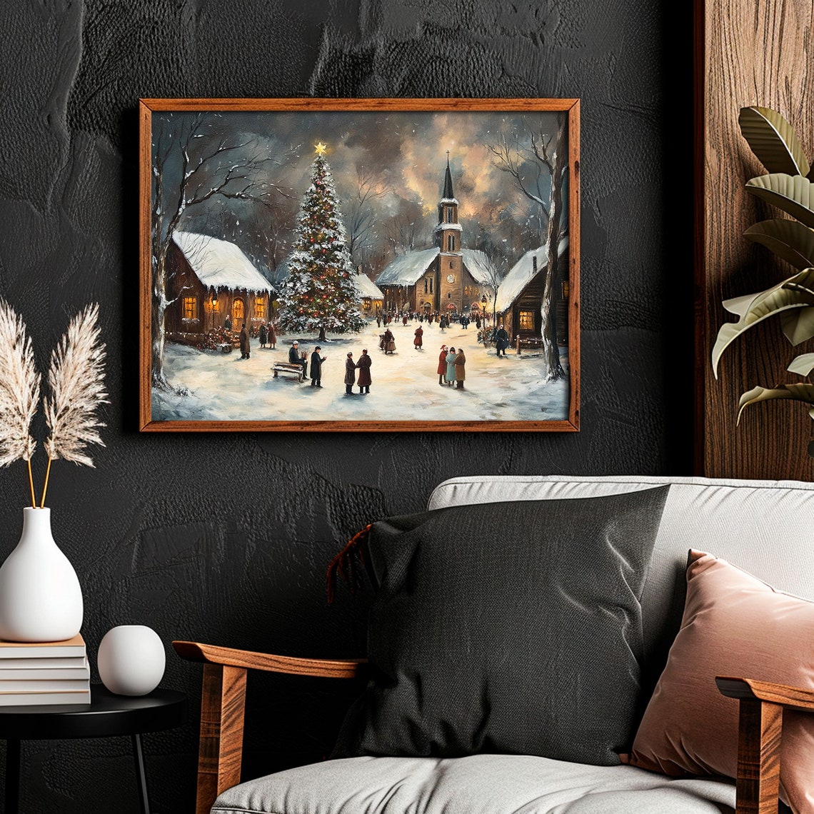 Snowy Village Church Christmas Tree Town Square Winter Art Poster - Image 2