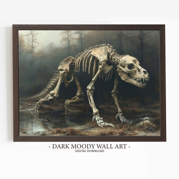 Dinosaur Painting Foggy Forest Prints Dark Moody Landscape Painting Dark Cottagecore Art Rustic Wall Decor