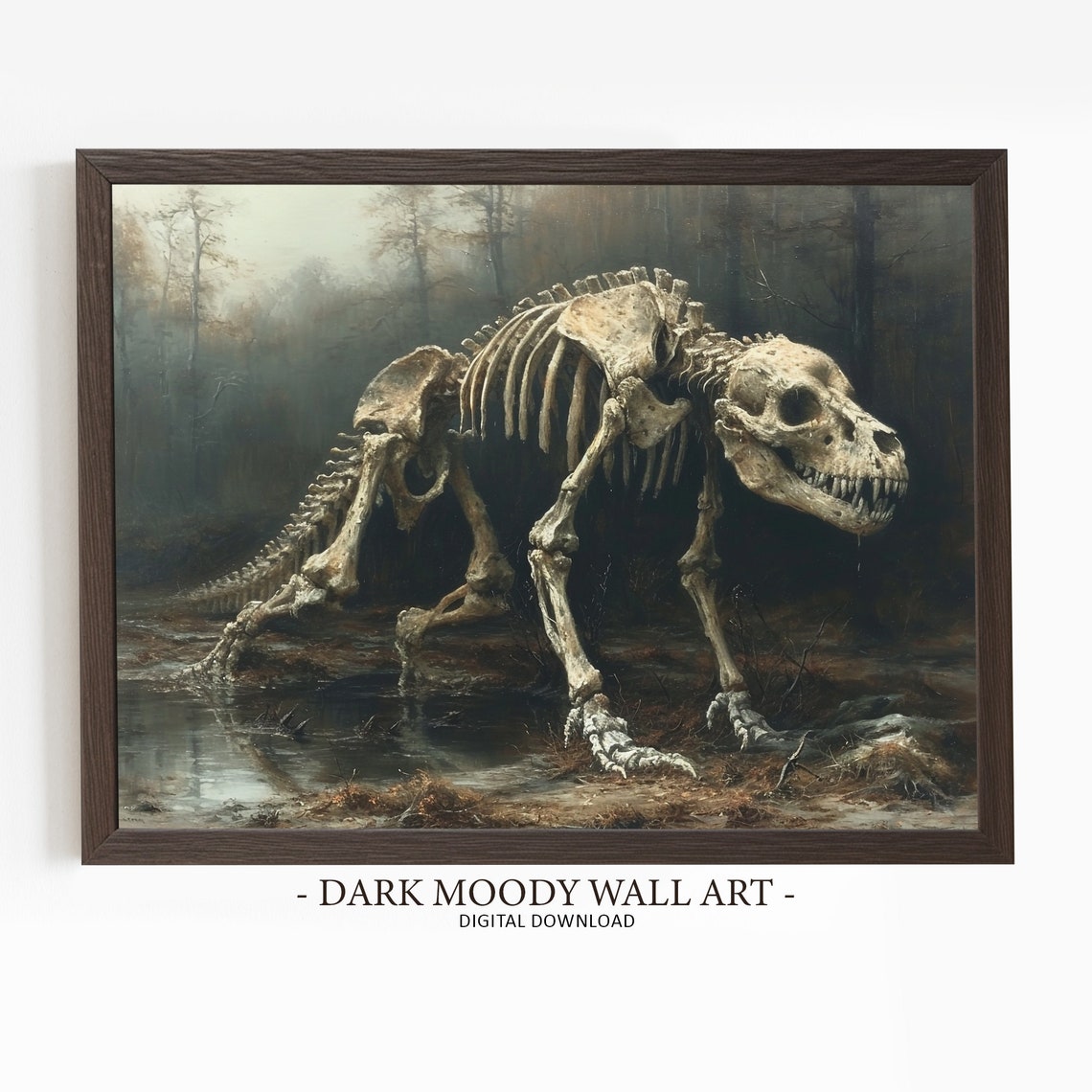 Dinosaur Skeleton Foggy Forest Prehistoric Dark Moody Painting Poster