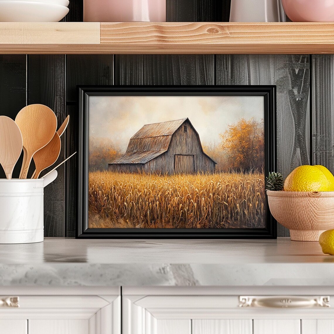 Weathered Wooden Barn in Golden Harvest Field Misty Morning Vintage Poster - Image 2
