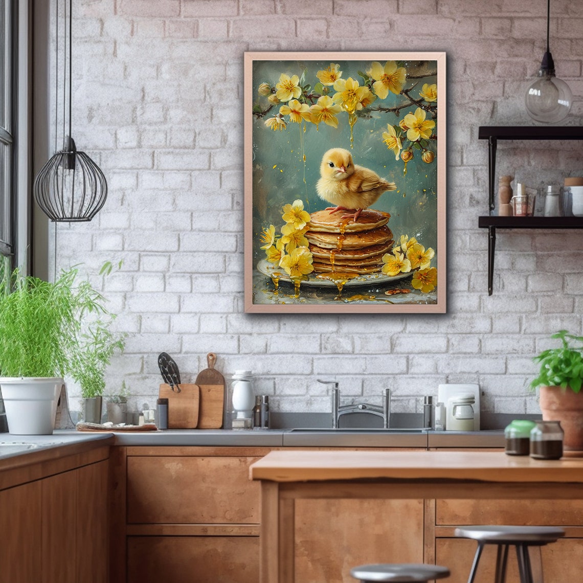 Cute Chick Standing on a Pancake Stack with Honey Spring Art Poster - Image 2